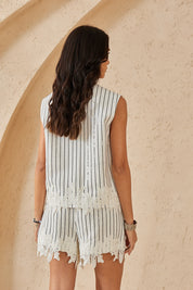 Black-Striped Sleeveless Vest with Lace Hem