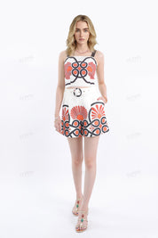 Cream High-Waisted Shorts with Red & Black Geometric Print & Buckle Belt