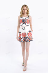 Cream High-Waisted Shorts with Red & Black Geometric Print & Buckle Belt