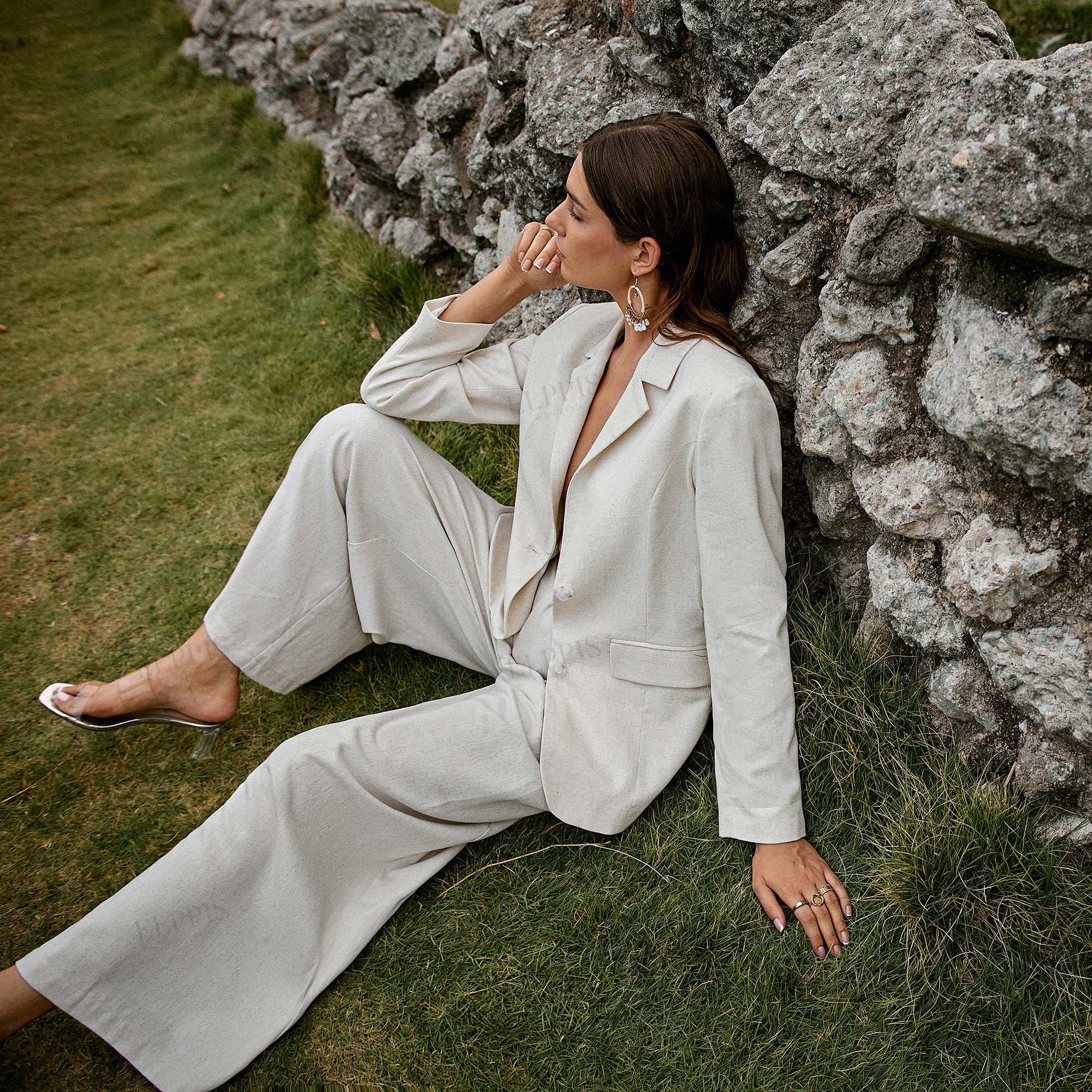 Tassel cotton-linen fitted long sleeve blazer