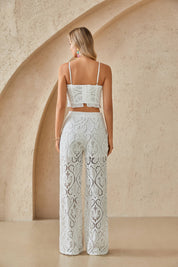 White Lace Wide-Leg Trousers with Paisley Pattern
