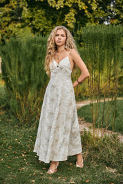 Ivory Spaghetti Strap Maxi Dress with Gold Floral Embroidery