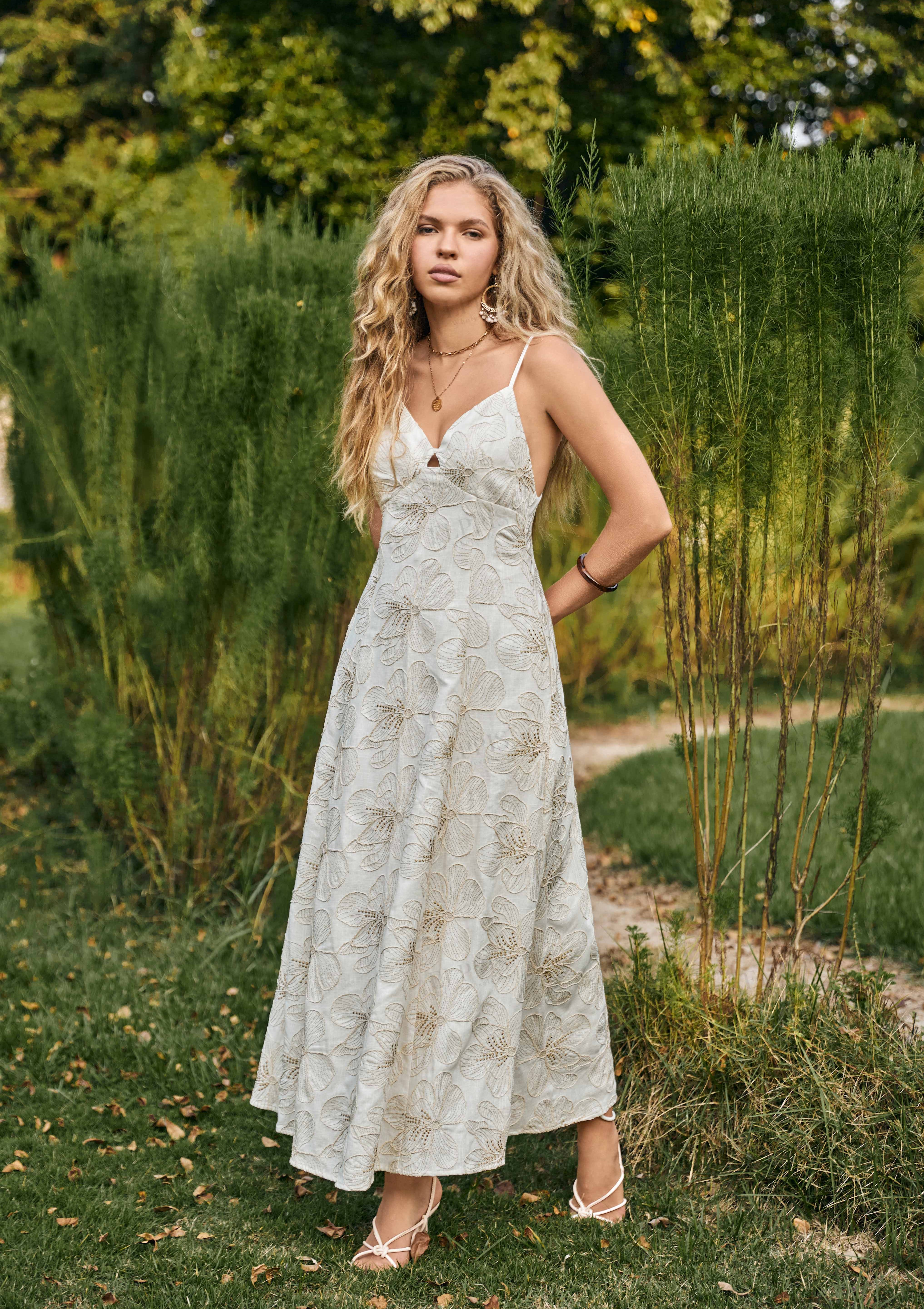 Ivory Spaghetti Strap Maxi Dress with Gold Floral Embroidery