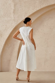 Ivory Striped Sleeveless Dress with Embellished Neckline