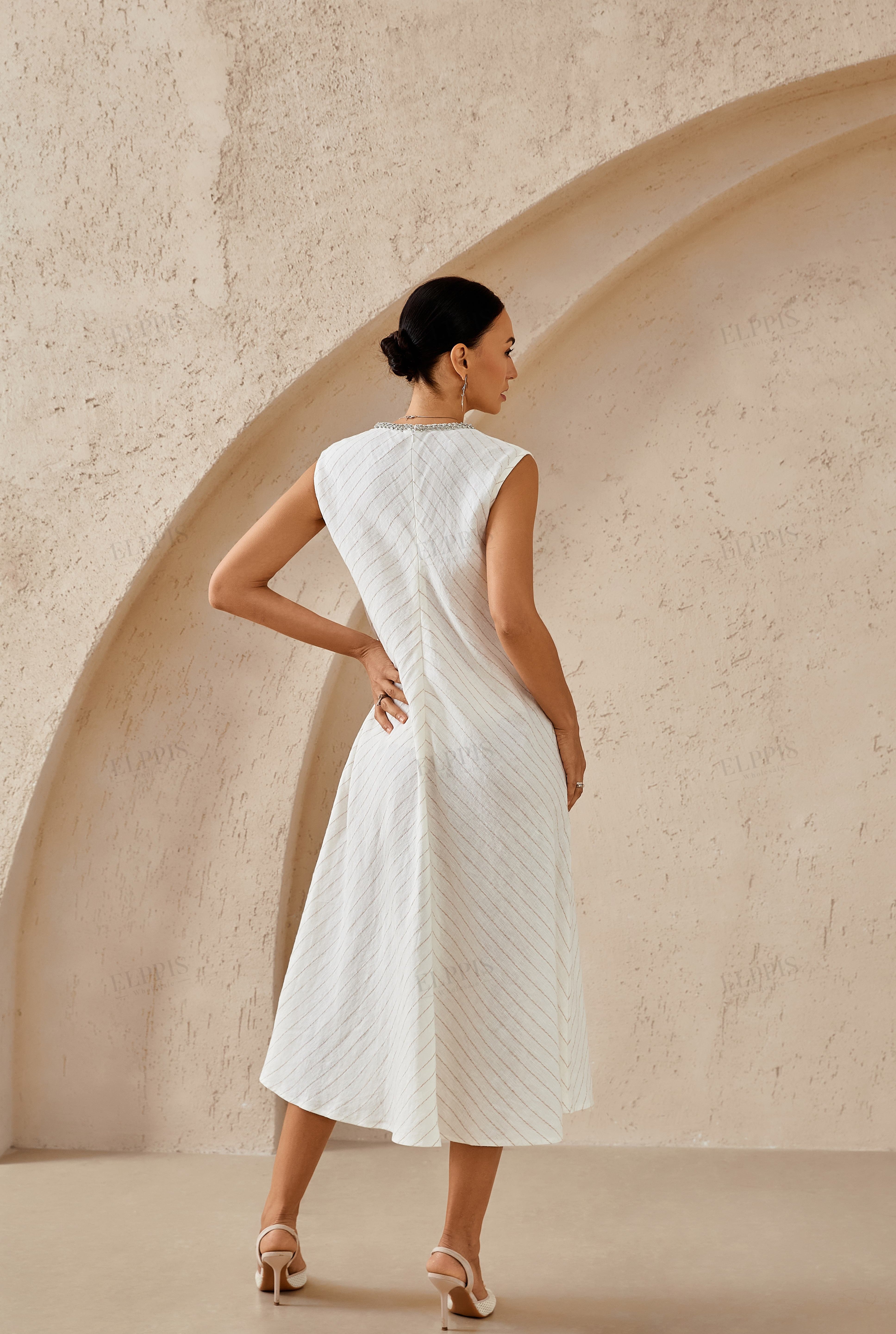 Ivory Striped Sleeveless Dress with Embellished Neckline