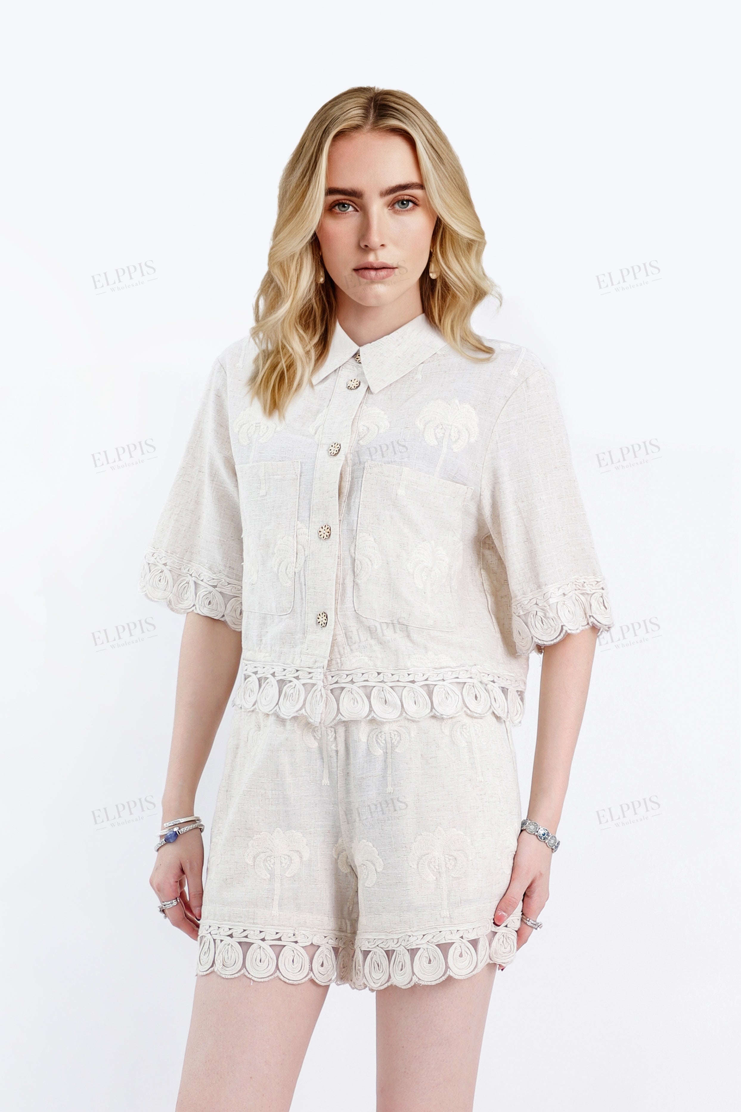 Beige Viscose-Linen Blend Embroidery Half-Sleeve Blouse