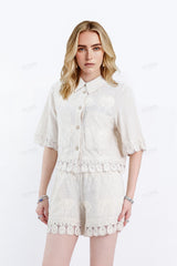 Beige Viscose-Linen Blend Embroidery Half-Sleeve Blouse