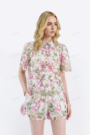 Floral Print Eyelet Lace High-Waisted Shorts with Belt