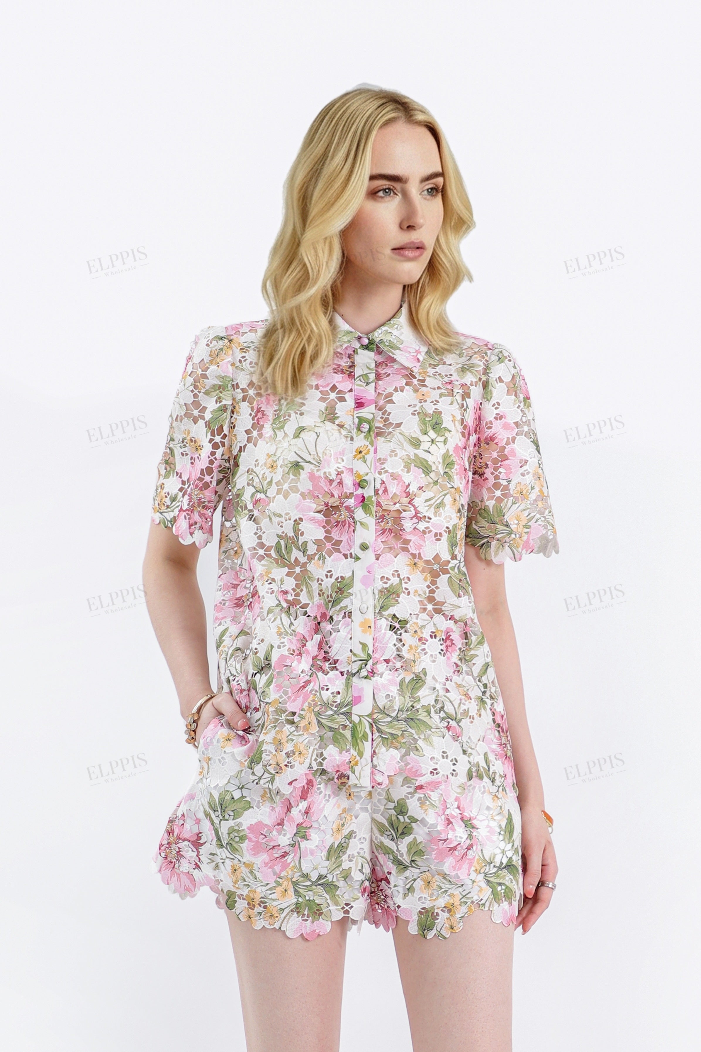 Floral Print Eyelet Lace High-Waisted Shorts with Belt