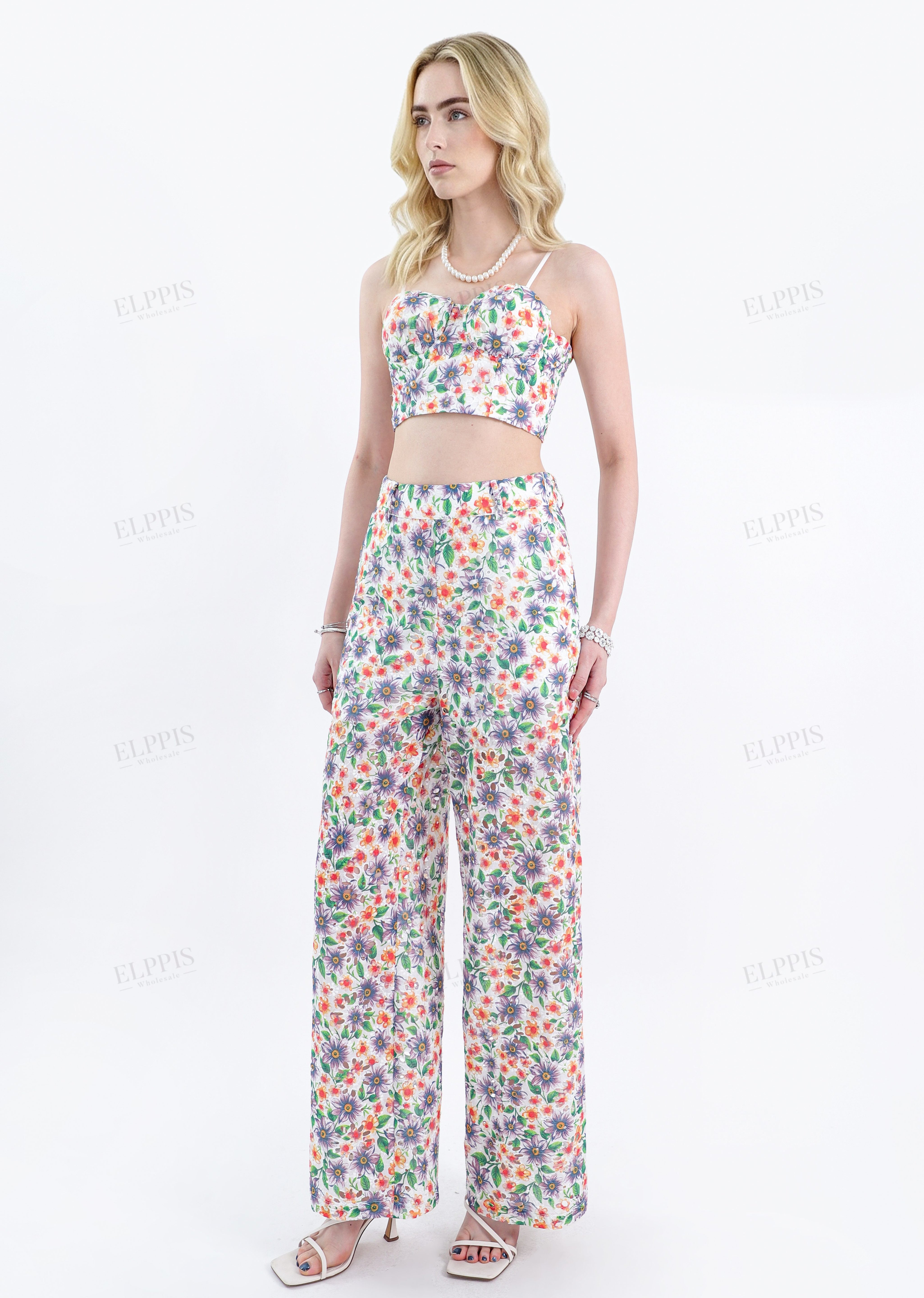 Floral Print Cotton High-Waisted Wide-Leg Pants
