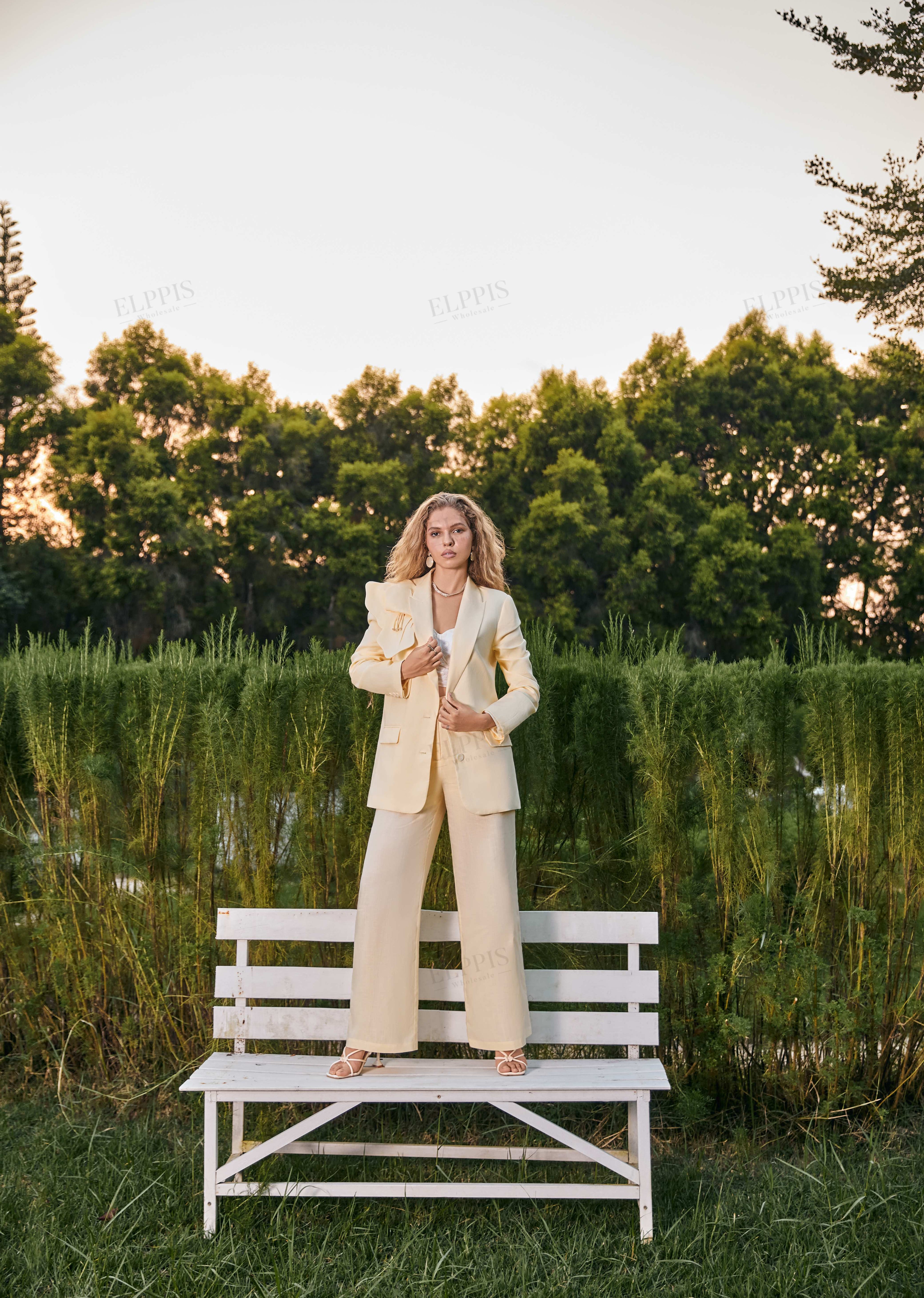 Cream Yellow Petal-Embellished Oversized Blazer & Wide-Leg Trouser Set
