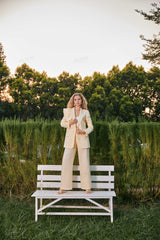 Cream Yellow Petal-Embellished Oversized Blazer & Wide-Leg Trouser Set