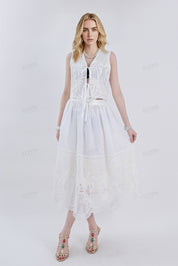 White Cropped Sleeveless Vest with Cutwork Lace & Tie Detail