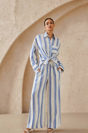 Blue & White Striped Linen-Blend Wide-Leg Pants (Drawstring Waist)