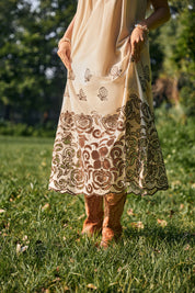 Cream Spaghetti Strap Maxi Dress with Brown Floral Embroidery
