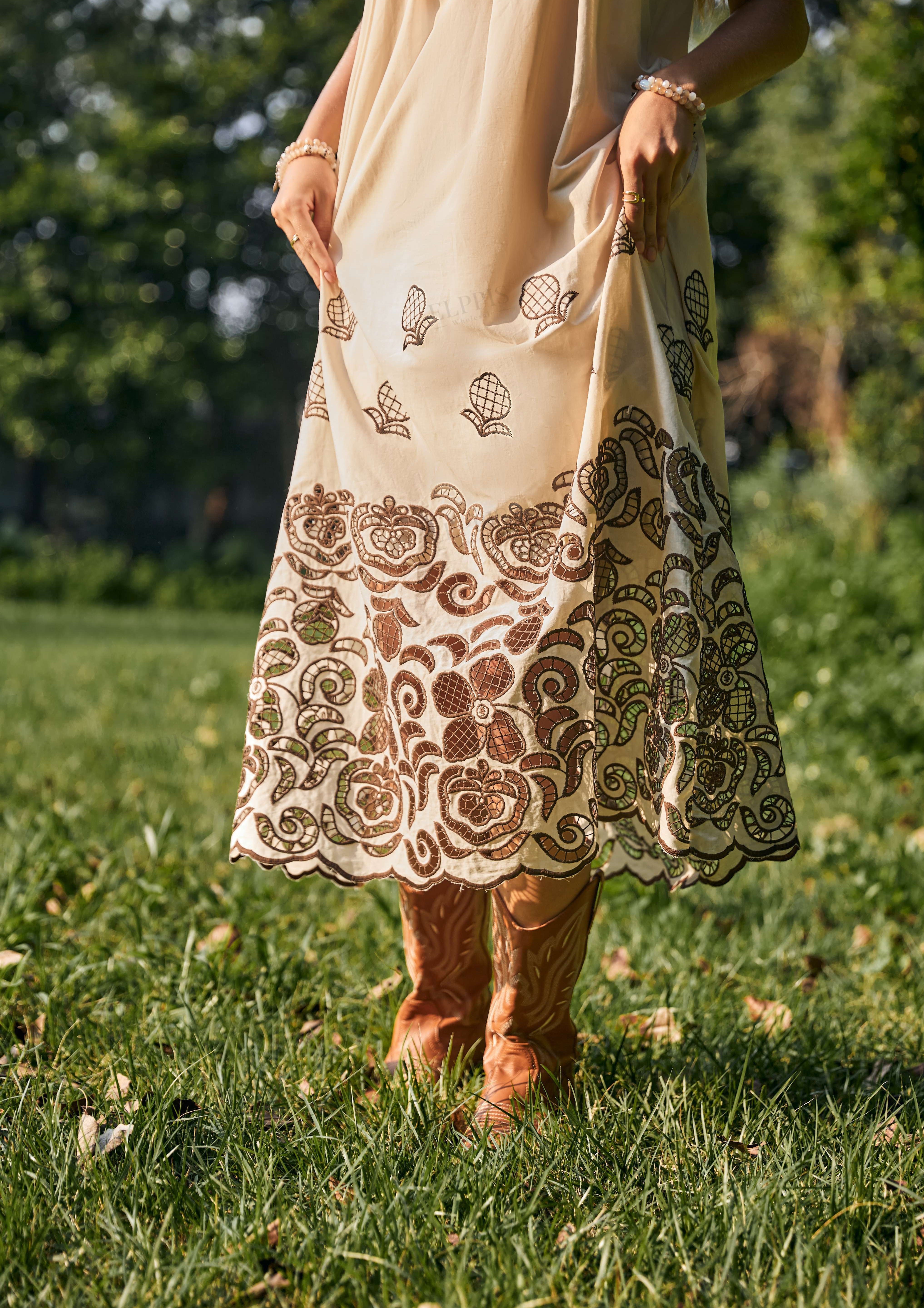 Cream Spaghetti Strap Maxi Dress with Brown Floral Embroidery