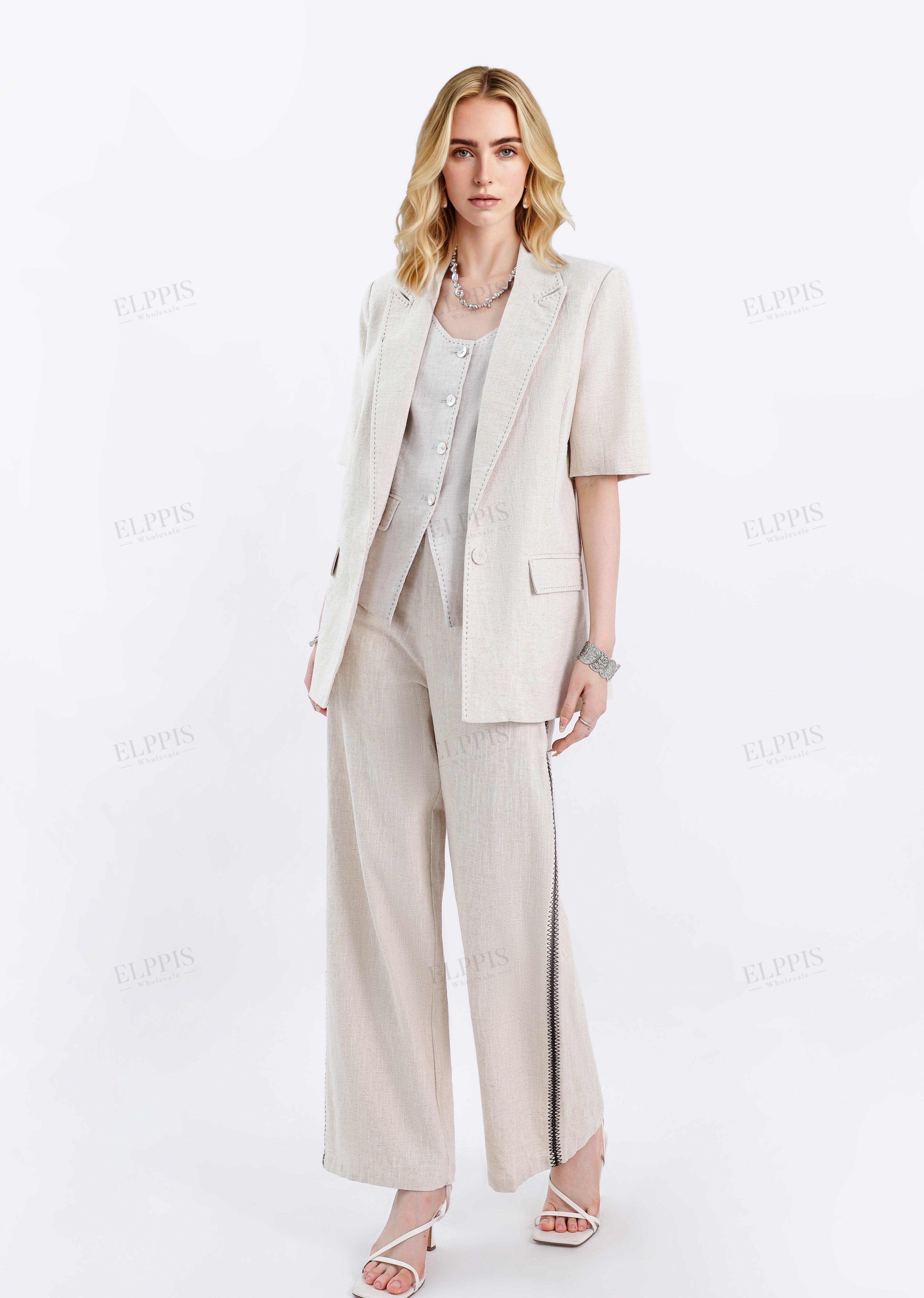 Beige Linen-Blend Wide-Leg Pants with Contrast Side Stitching