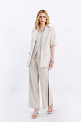 Beige Linen-Blend Wide-Leg Pants with Contrast Side Stitching