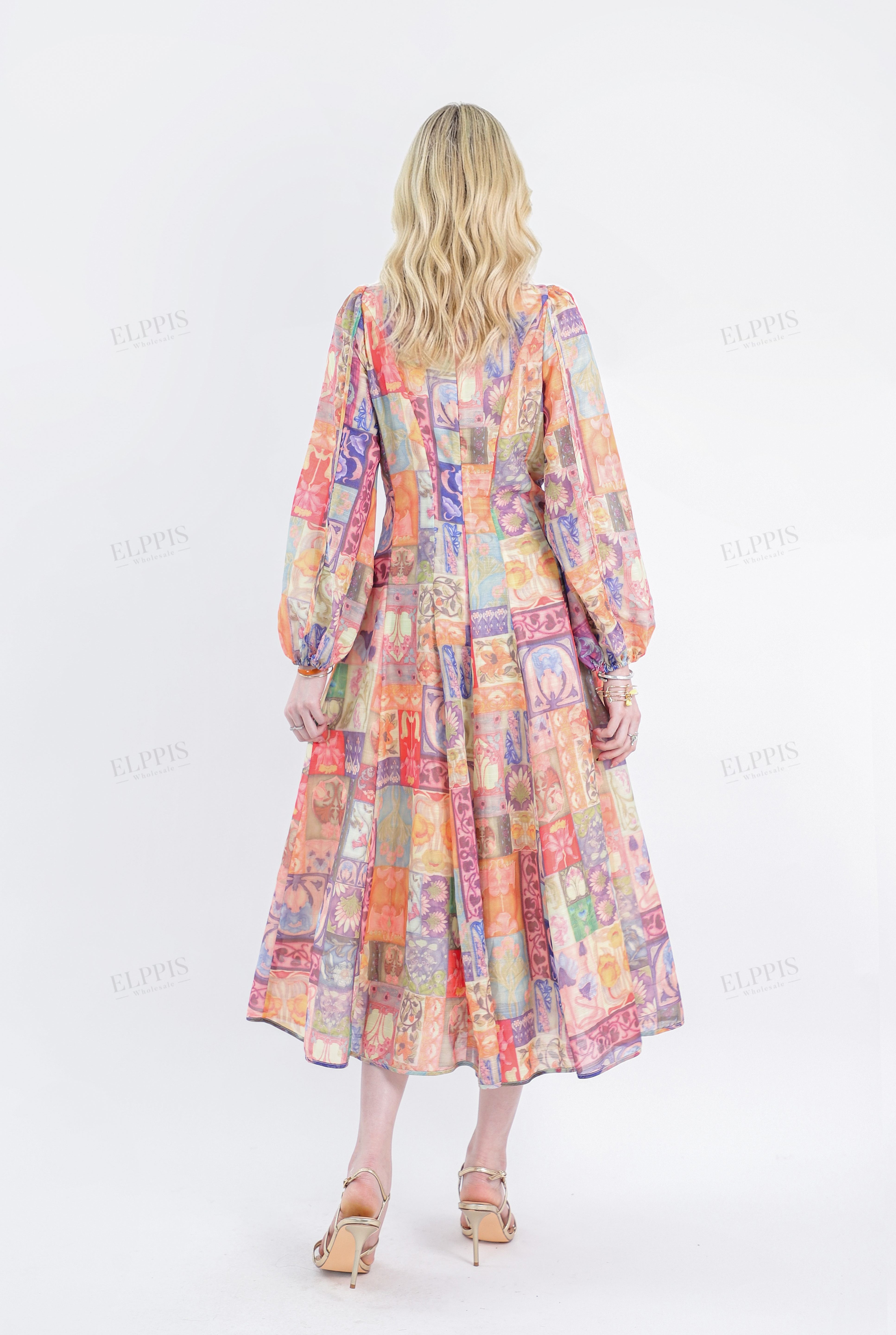 Colorful Patchwork Long-Sleeve Midi Dress with Pearl Button Trim