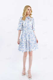 Blue & White Floral Lace Two-Piece Dress Set (Shirt Overlay + Camisole Lining)