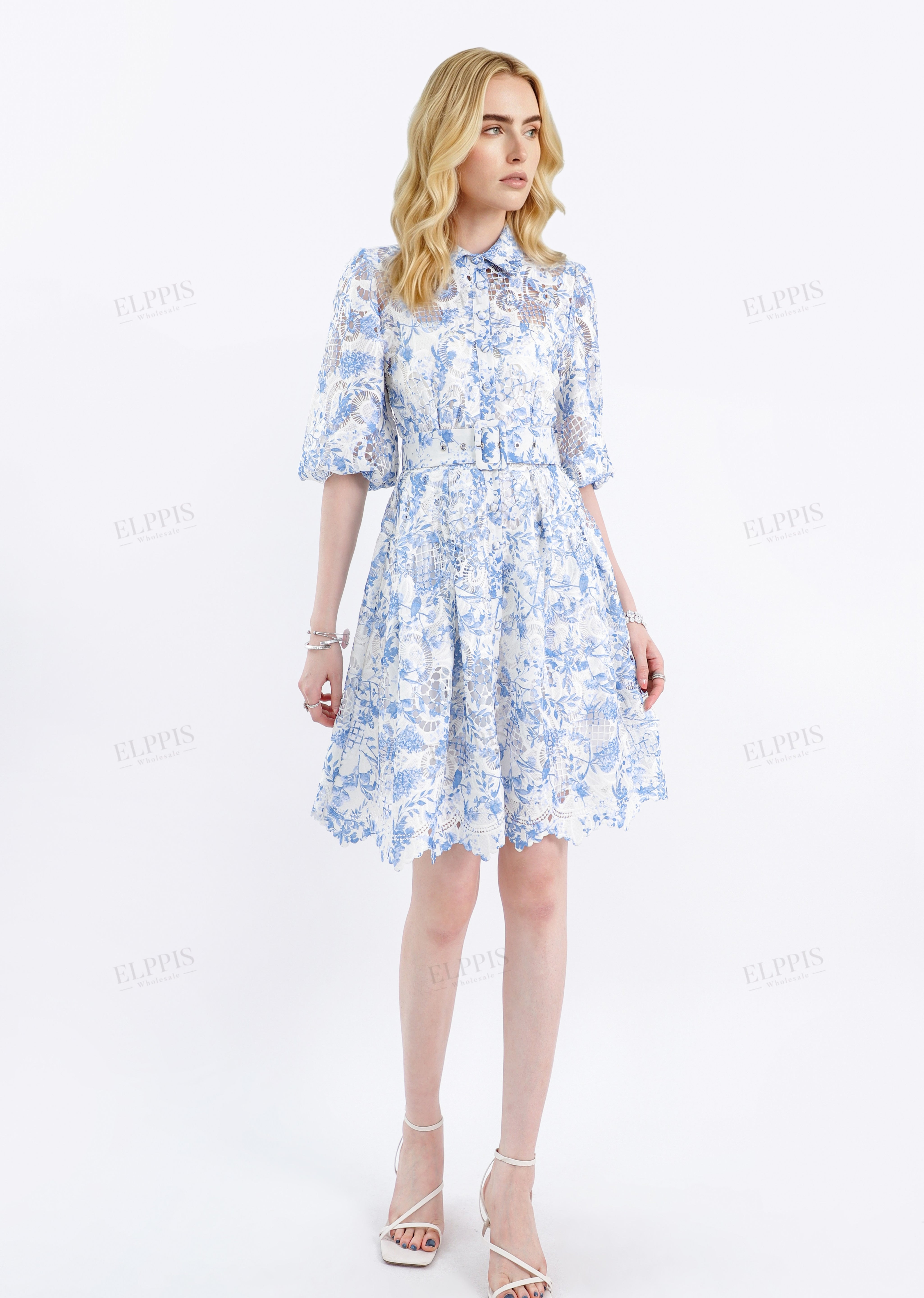 Blue & White Floral Lace Two-Piece Dress Set (Shirt Overlay + Camisole Lining)