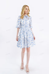 Blue & White Floral Lace Two-Piece Dress Set (Shirt Overlay + Camisole Lining)