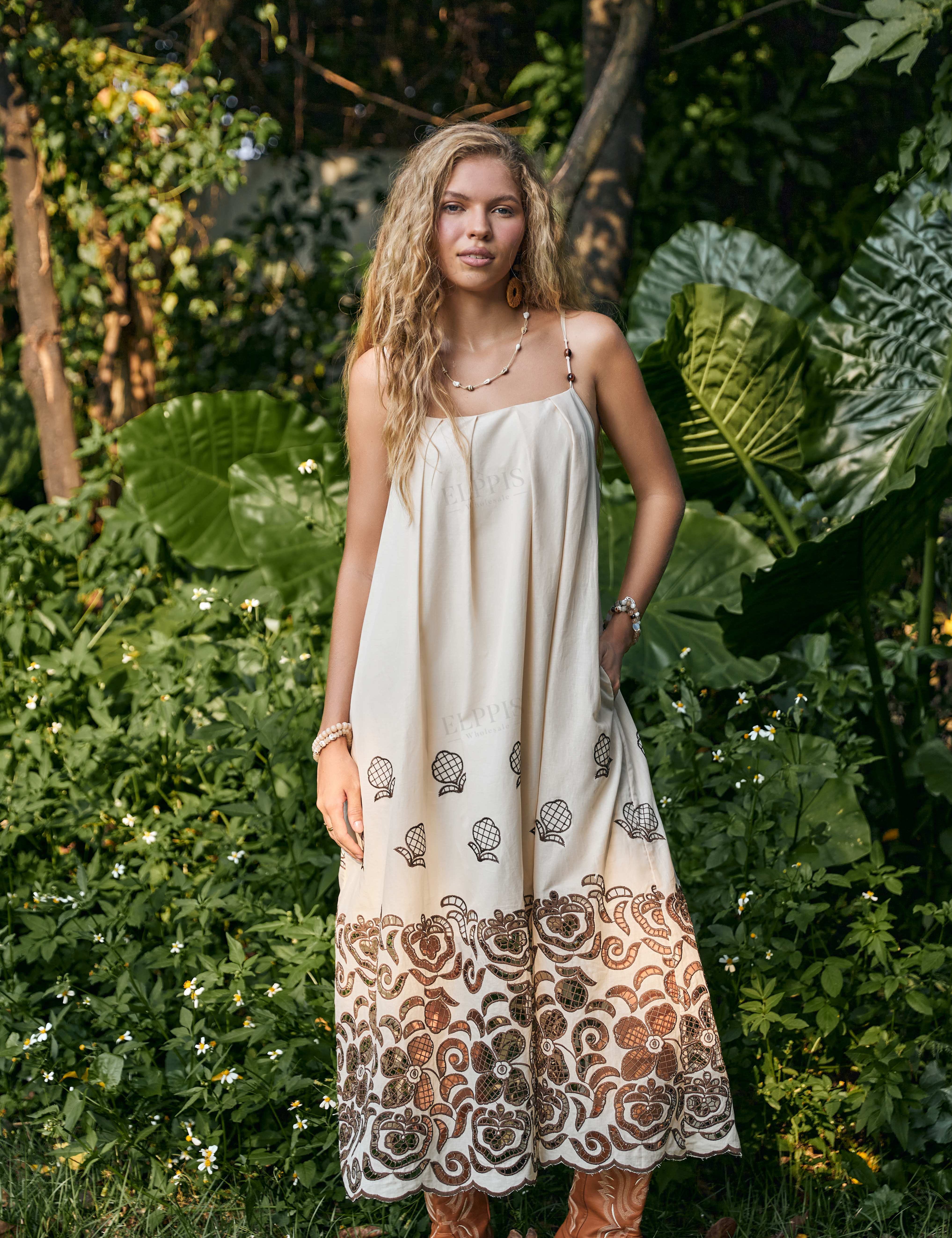 Cream Spaghetti Strap Maxi Dress with Brown Floral Embroidery