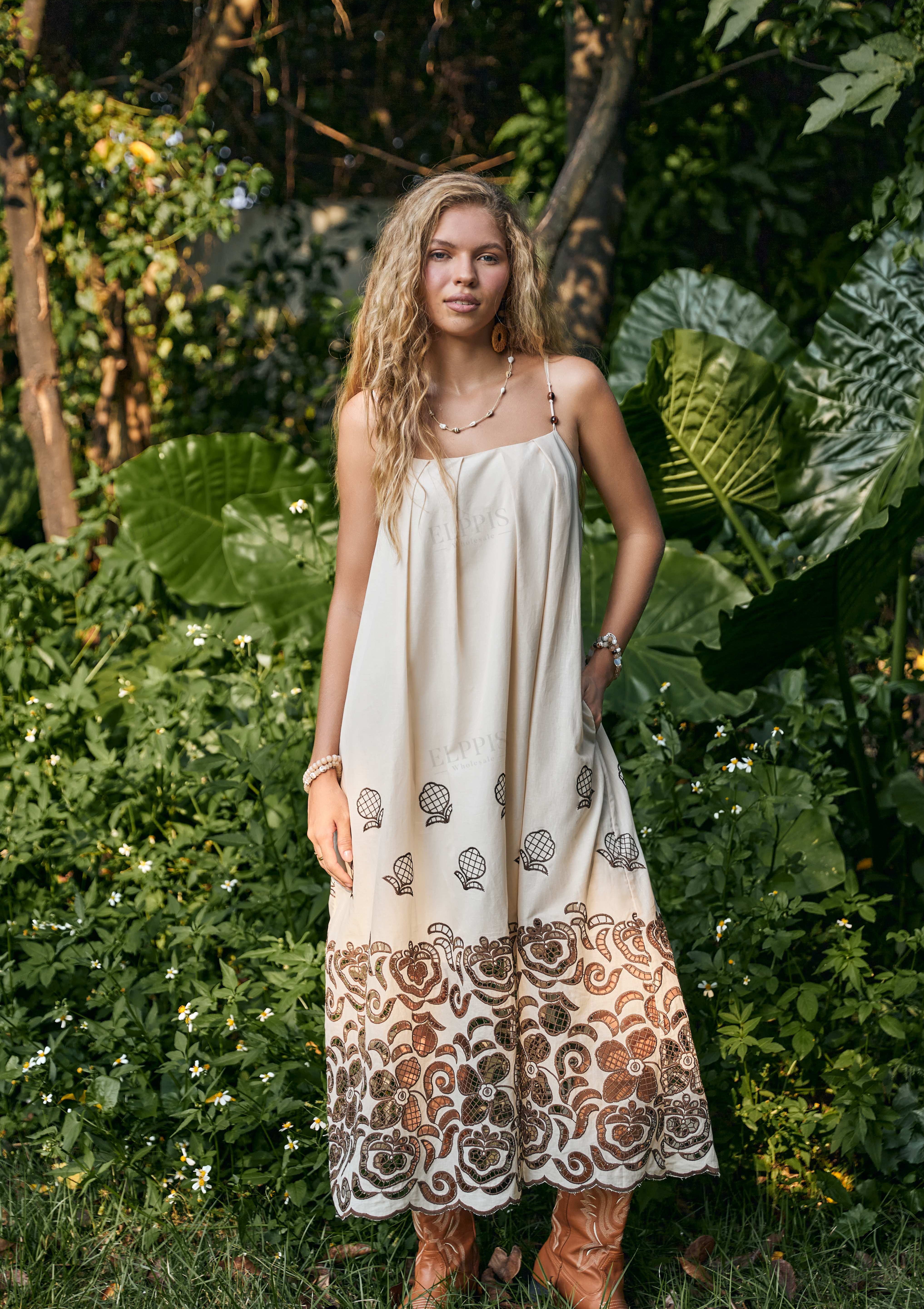 Cream Spaghetti Strap Maxi Dress with Brown Floral Embroidery