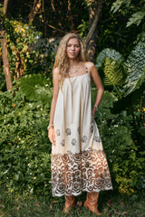 Cream Spaghetti Strap Maxi Dress with Brown Floral Embroidery