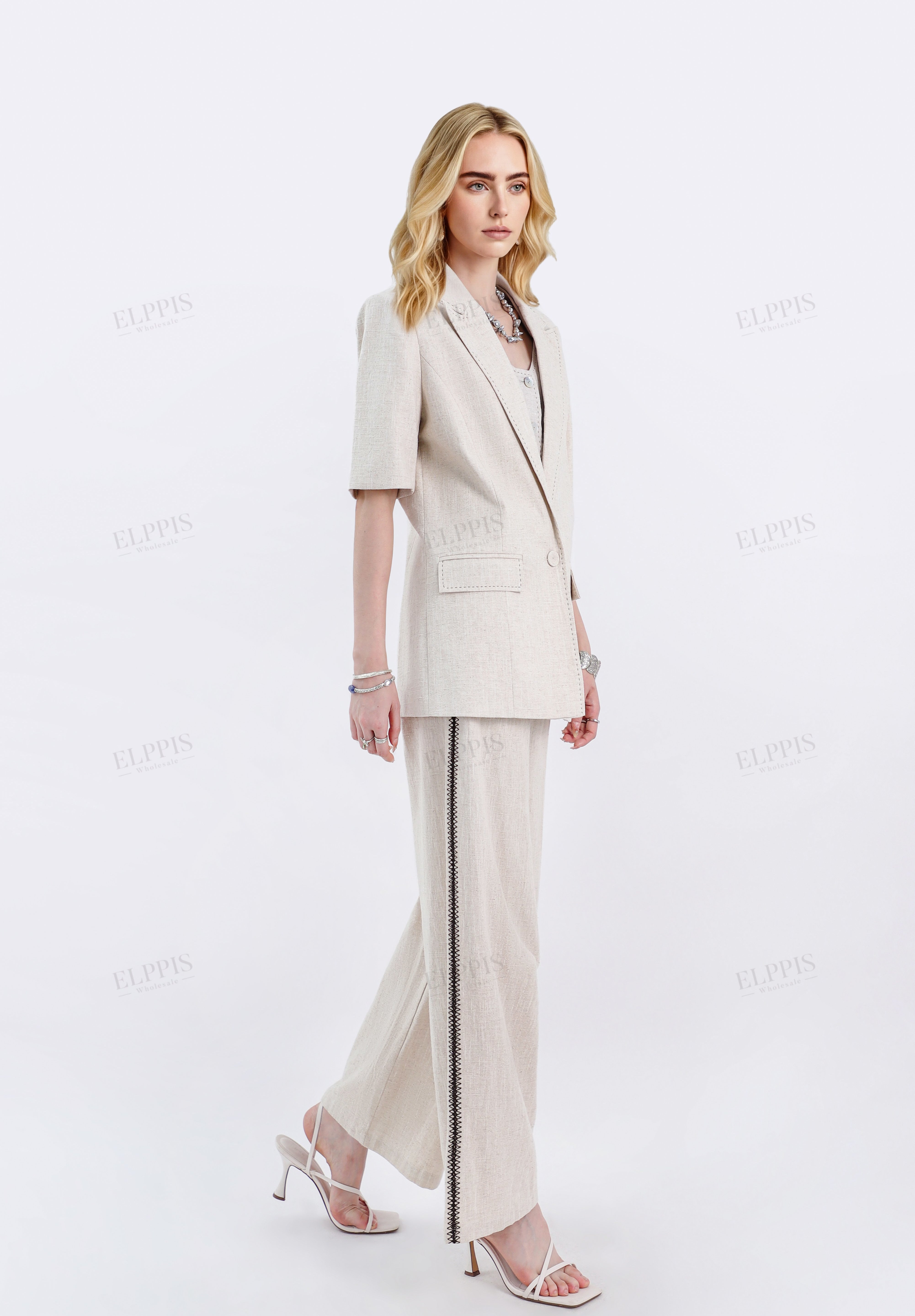 Beige Linen-Blend Short-Sleeve Blazer with Contrast Stitching