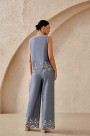 Gray Woven Sleeveless Top with White Eyelet Embroidery Hem