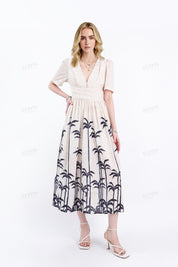Beige Linen-Blend Midi Dress with Black Palm Tree Print
