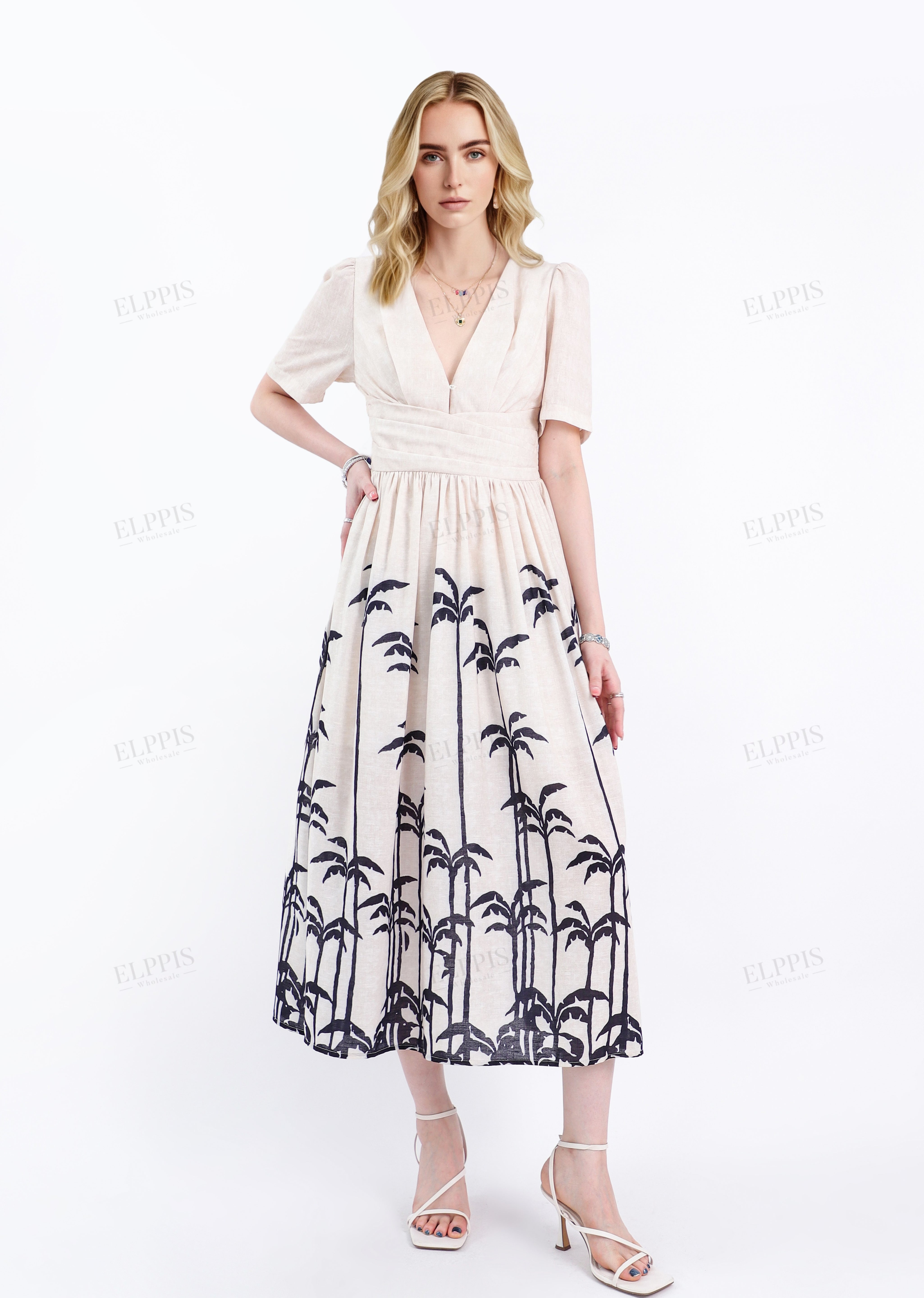 Beige Linen-Blend Midi Dress with Black Palm Tree Print