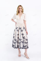 Beige Linen-Blend Midi Dress with Black Palm Tree Print