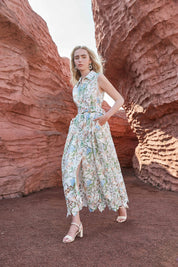 Eyelet Floral Print Sleeveless Midi Shirt Dress with Belt