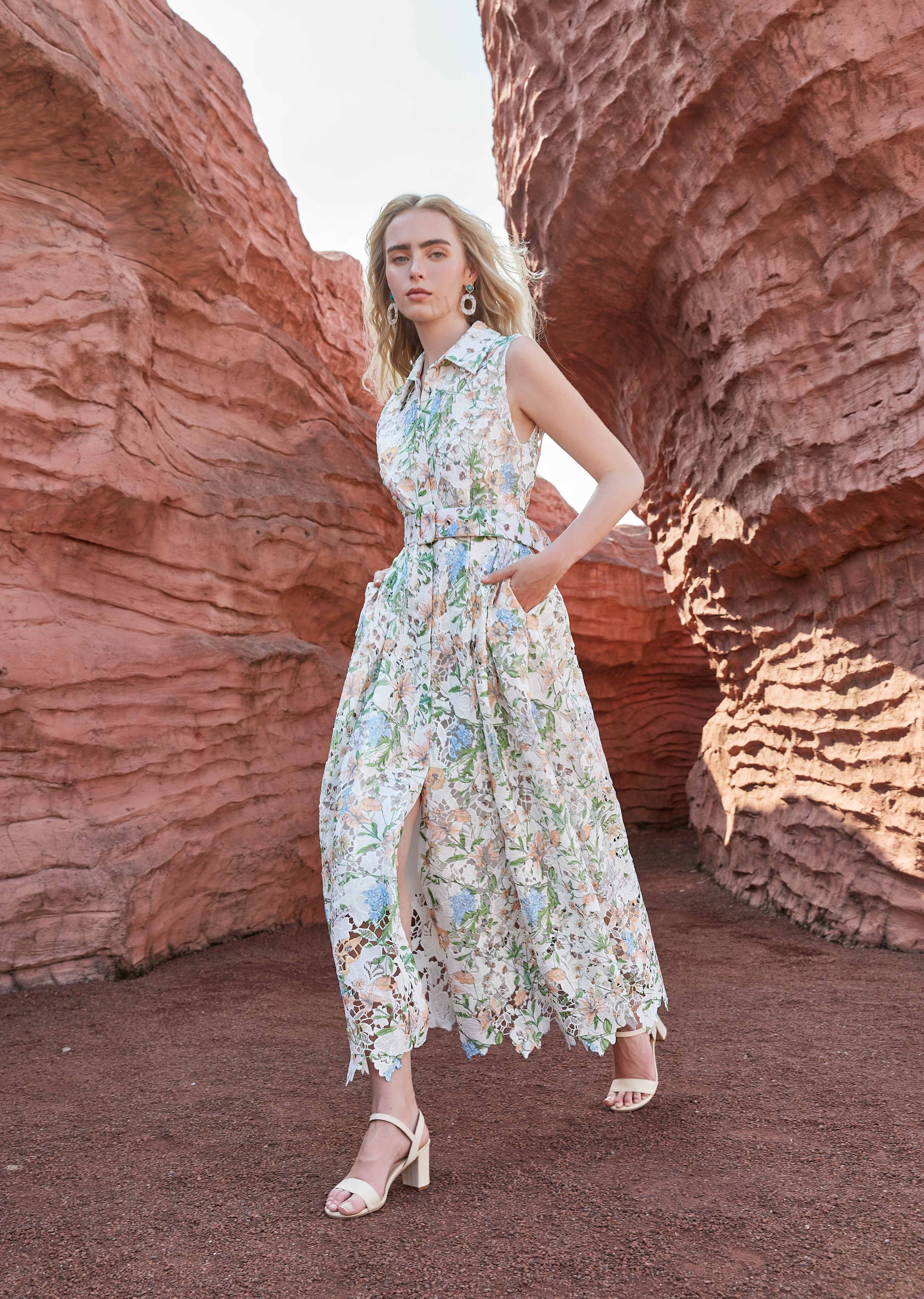Eyelet Floral Print Sleeveless Midi Shirt Dress with Belt