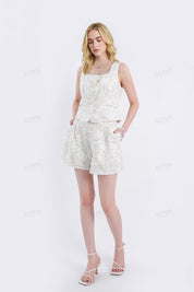 Beige Linen-Cotton Sequin Floral Sleeveless Vest