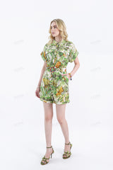 Tropical Print Rayon Short-Sleeve Jumpsuit