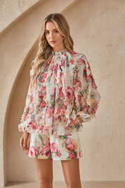 Romantic Floral Print Chiffon Blouse with Ruffled Trim & Mock Neck