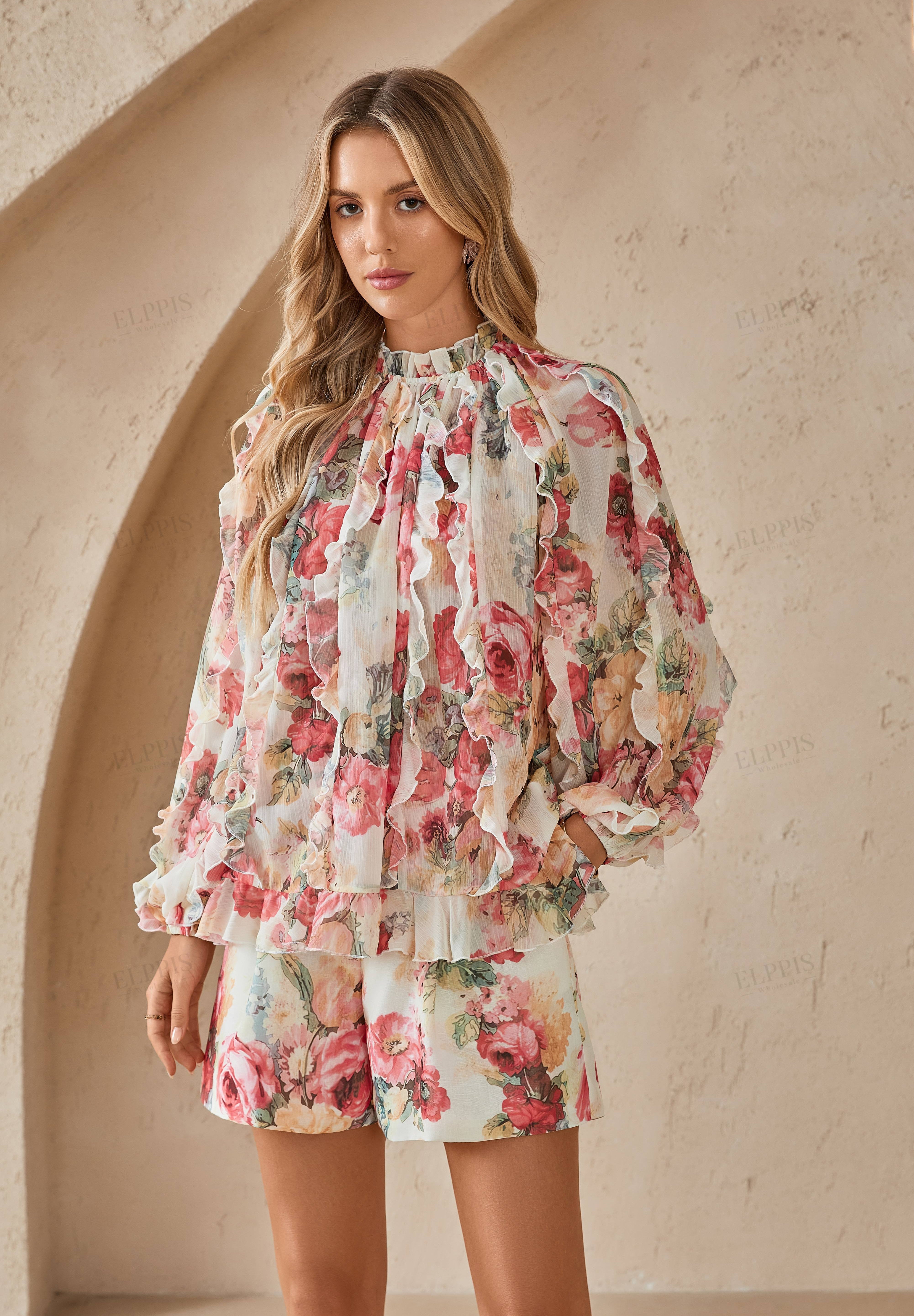 Romantic Floral Print Chiffon Blouse with Ruffled Trim & Mock Neck
