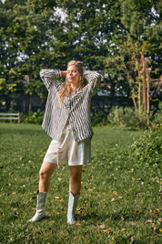Ivory & Navy Striped Oversized Linen Shirt