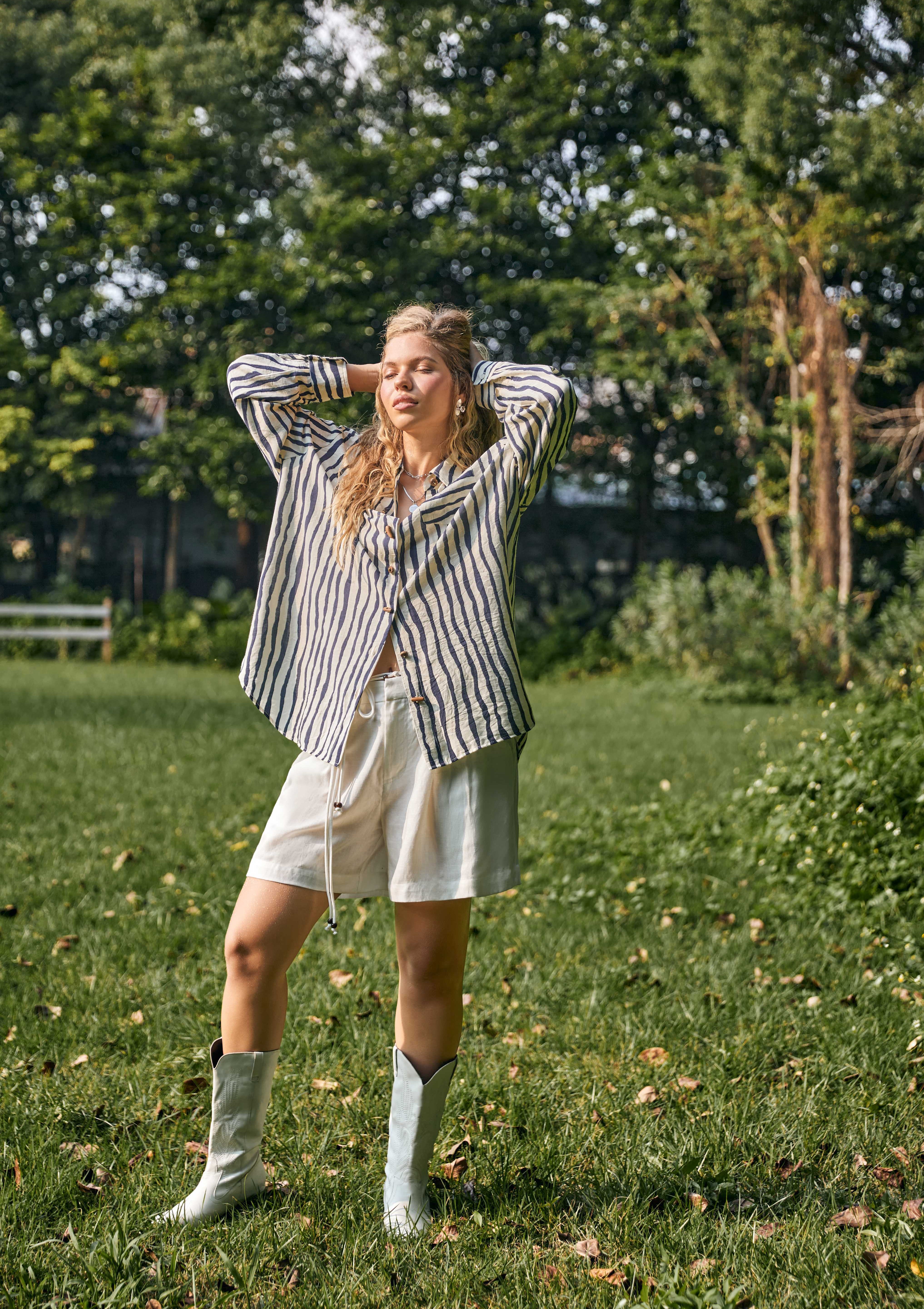 Ivory & Navy Striped Oversized Linen Shirt