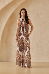 Ivory & Multi-Tone Ornate Pattern Wide-Leg Pants