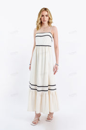 Cream Rayon-Blend Spaghetti-Strap Maxi Dress with Wave Trim