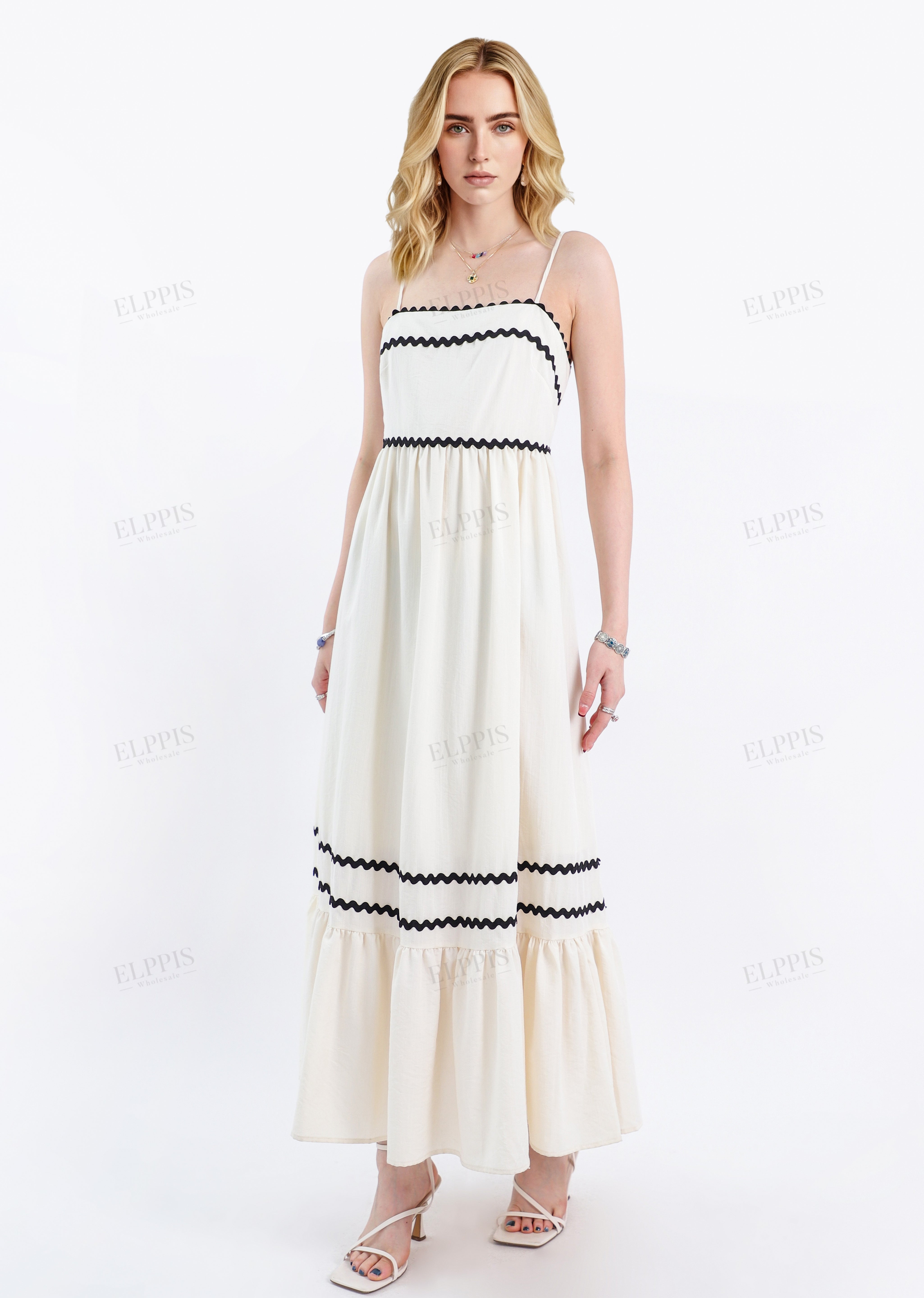 Cream Rayon-Blend Spaghetti-Strap Maxi Dress with Wave Trim