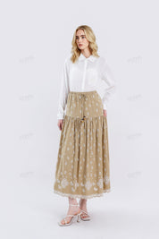 Beige Maxi Skirt with Cutwork Embroidery & Drawstring Waist