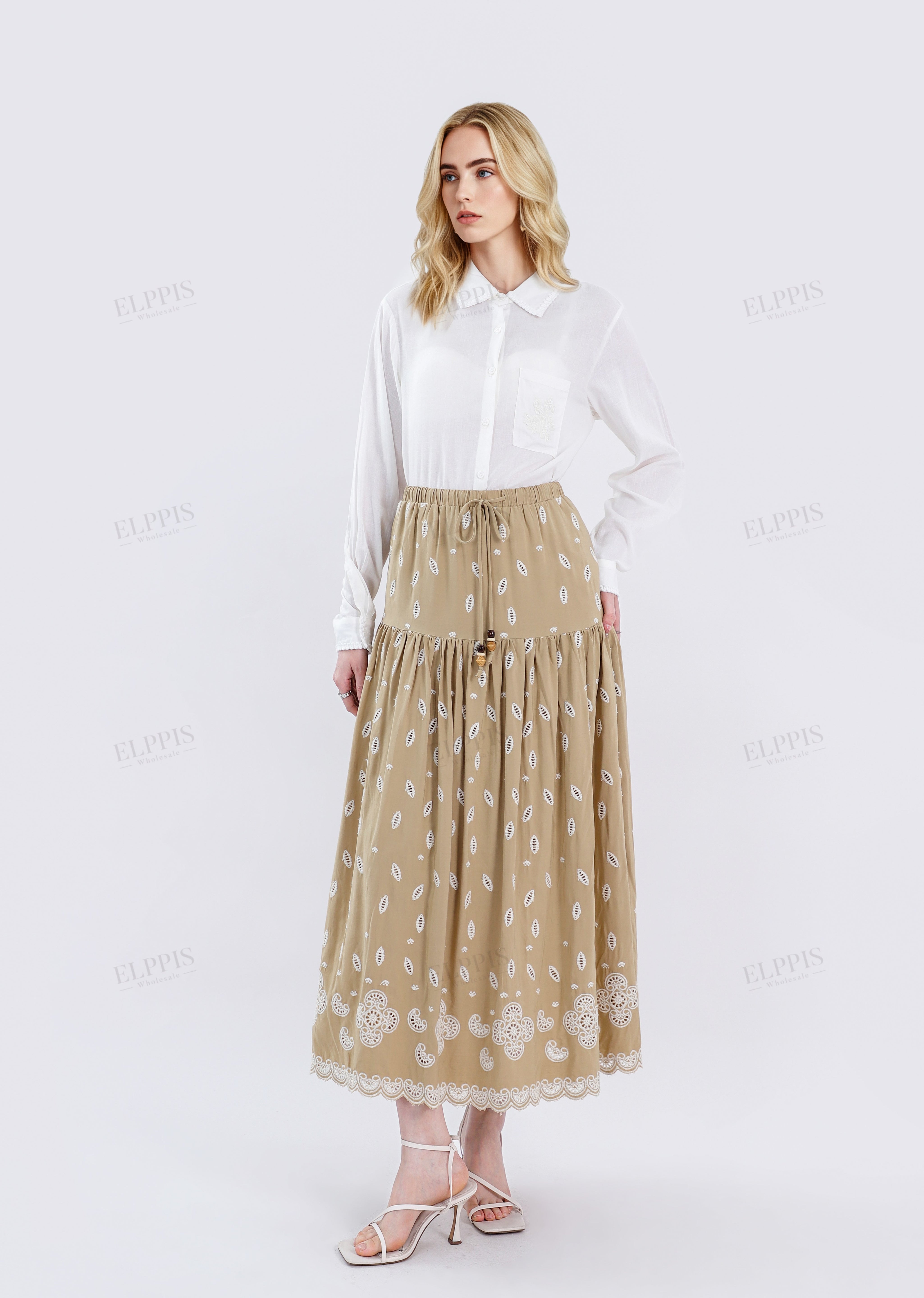 Beige Maxi Skirt with Cutwork Embroidery & Drawstring Waist