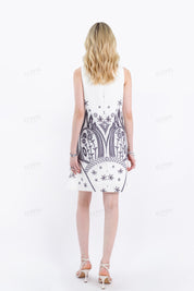 Off-White Sleeveless Shift Dress with Black Ethnic Pattern