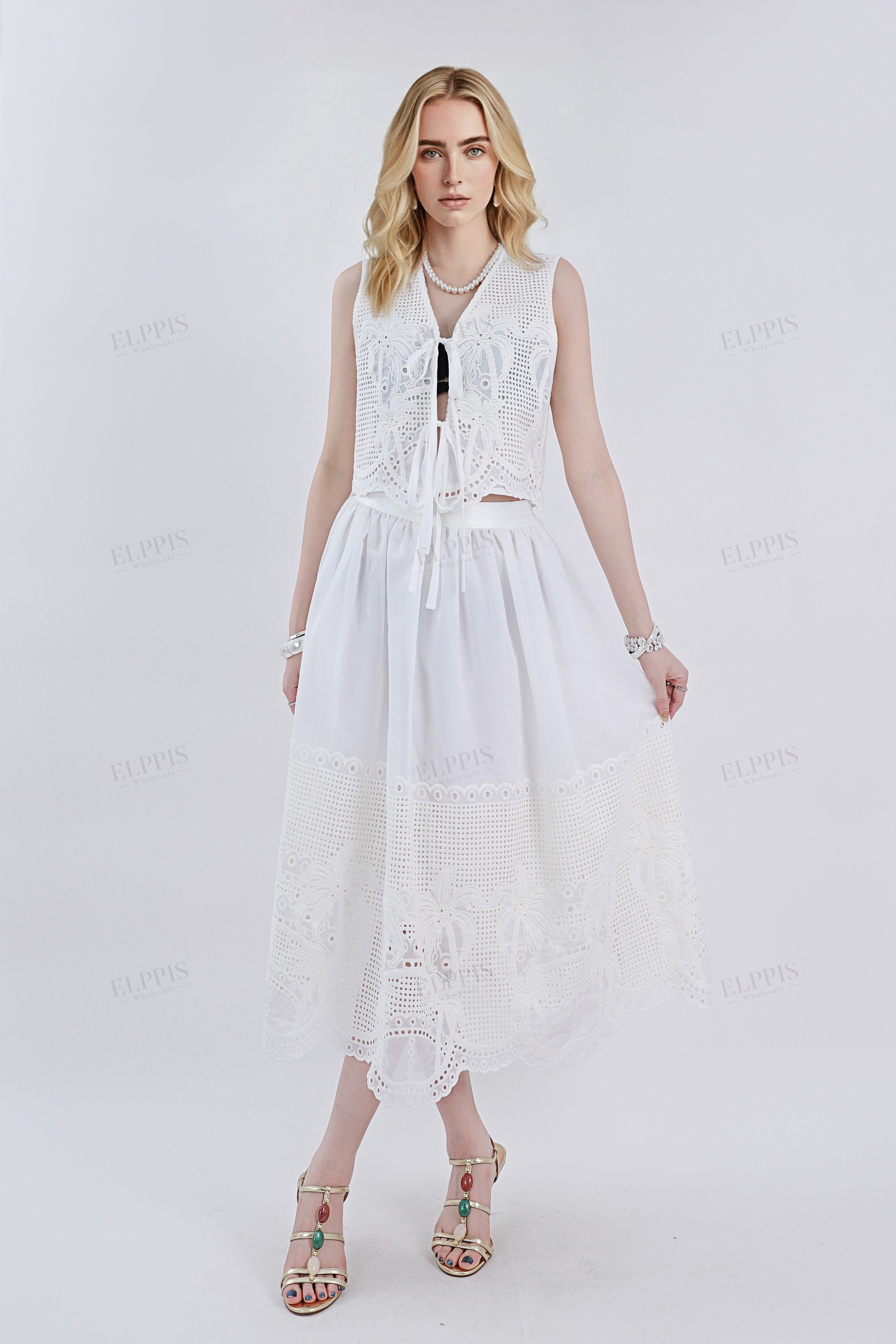 White Midi Skirt with Cutwork Lace Hem Detail