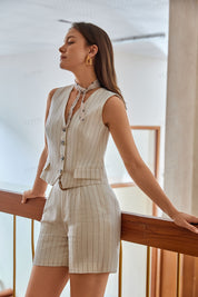 Beige Fine-Striped Linen-Blend Sleeveless Vest